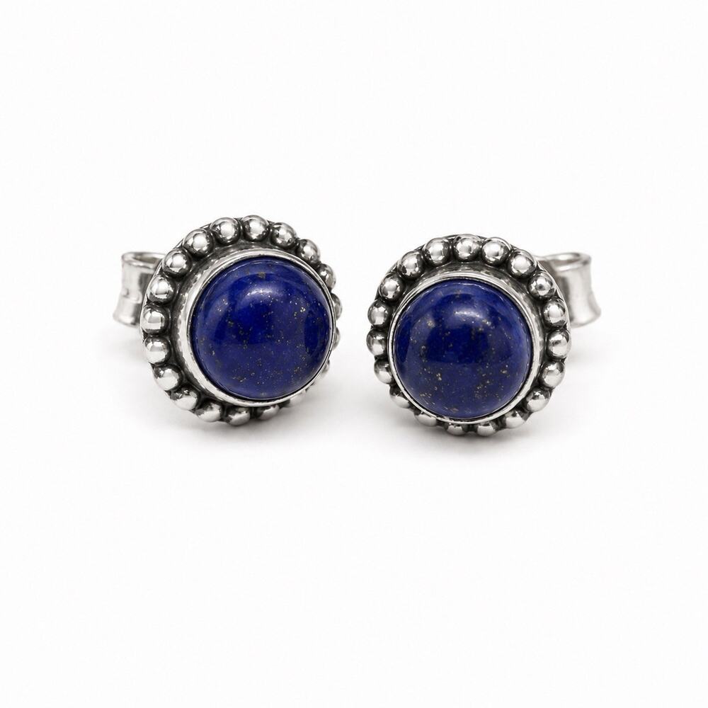 925 Sterling Silver Round Lapis Lazuli Stud Halo Earrings